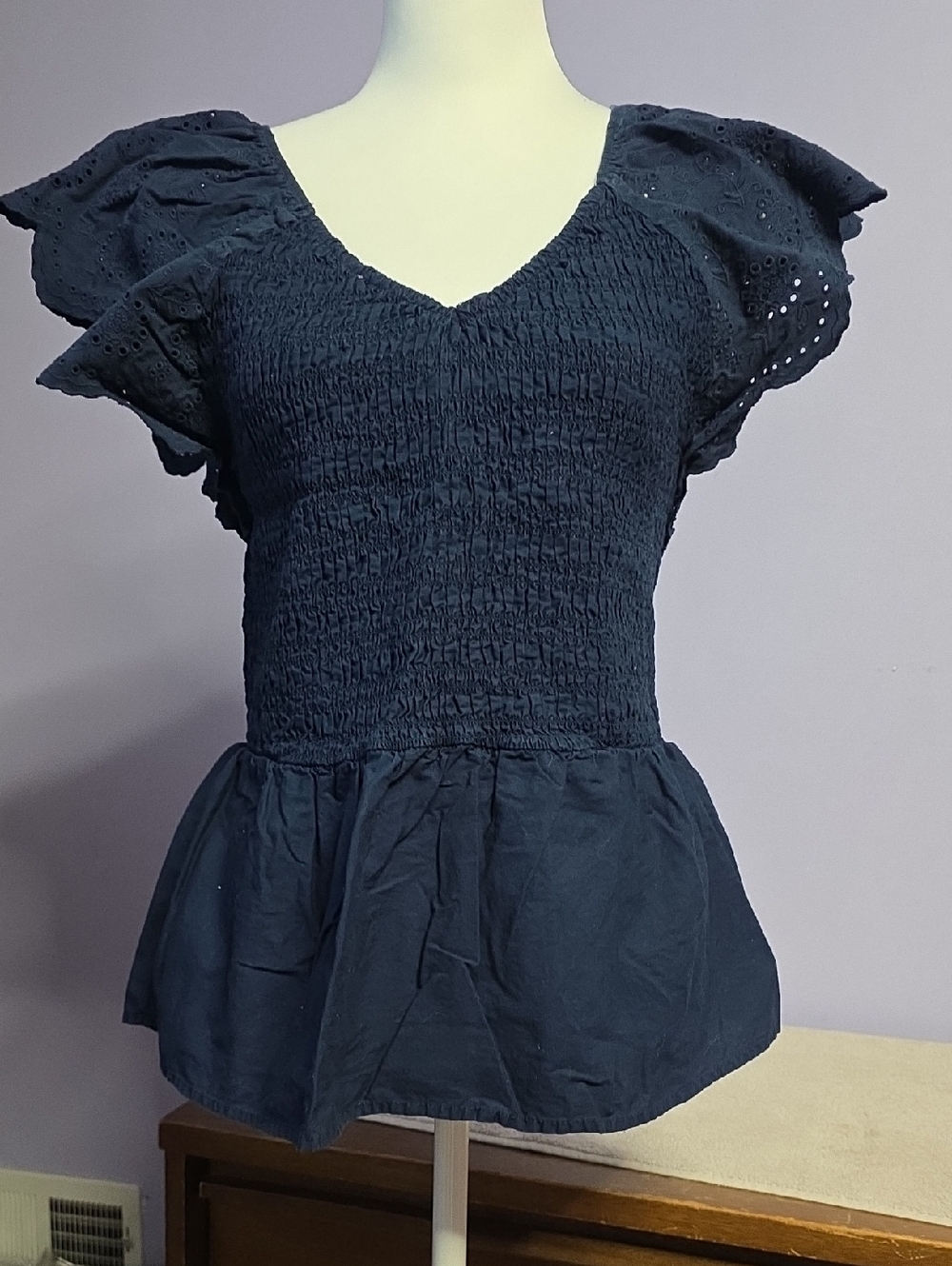 Time and Tru Navy Blue Smocked Peplum Eyelet Sleeve Top